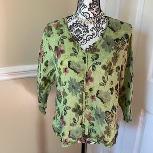 Click-Color Me Cotton CMC Pretty green Floral Top Blouse 100% linen, size Large